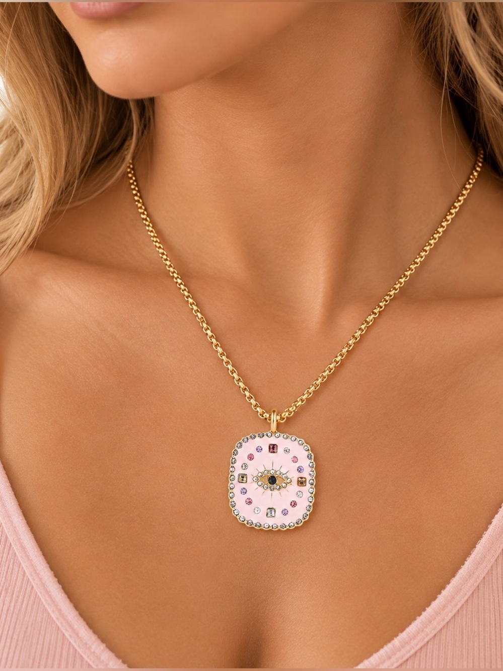 Gold Chain Necklace with Pink Evil Eye Pendant -  two sides